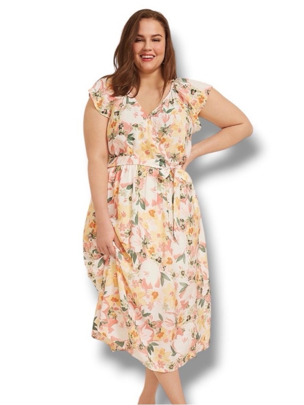 Maurice’s Floral Print V-Neck Midi Dress in Peach